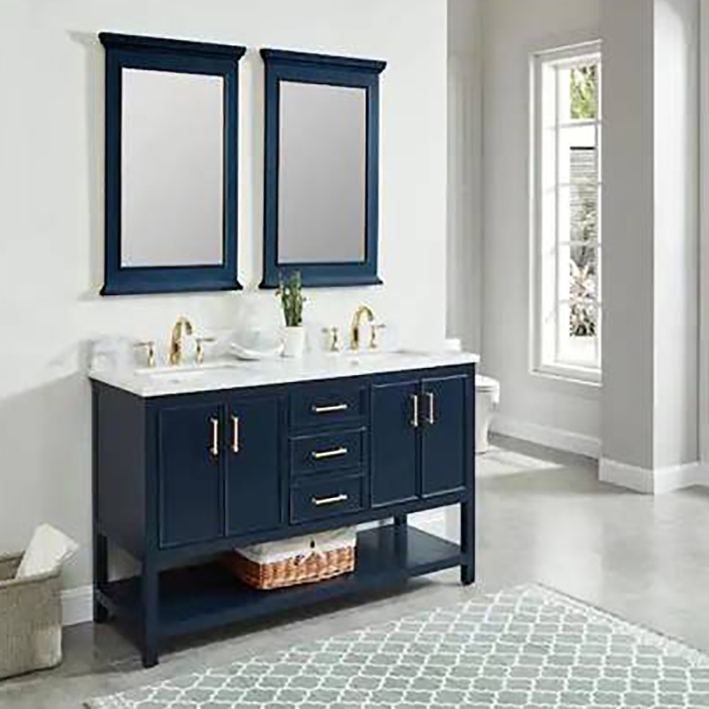 Solid Wood + Nature Marble Modern Blue Bathroom Vanity 30 Inch With 3 drewers and 4 doors